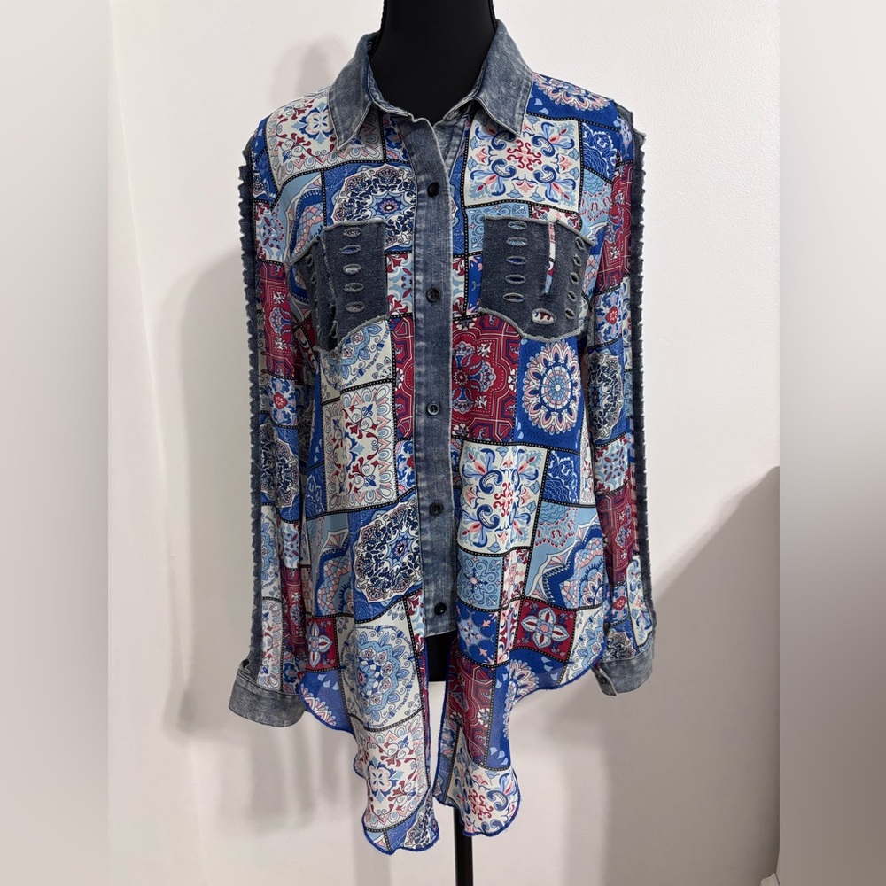 AZI New York Patchwork Paisley chiffon Blouse  Denim sleeve Trim Boho Womens S